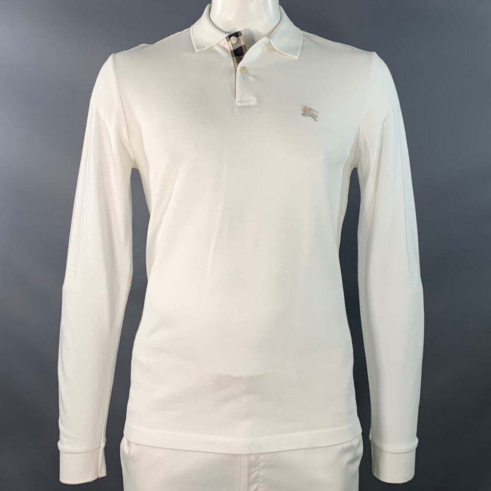 BURBERRY BRIT L White Embroidery Cotton Pique Contrast Trim Long Sleeve Polo